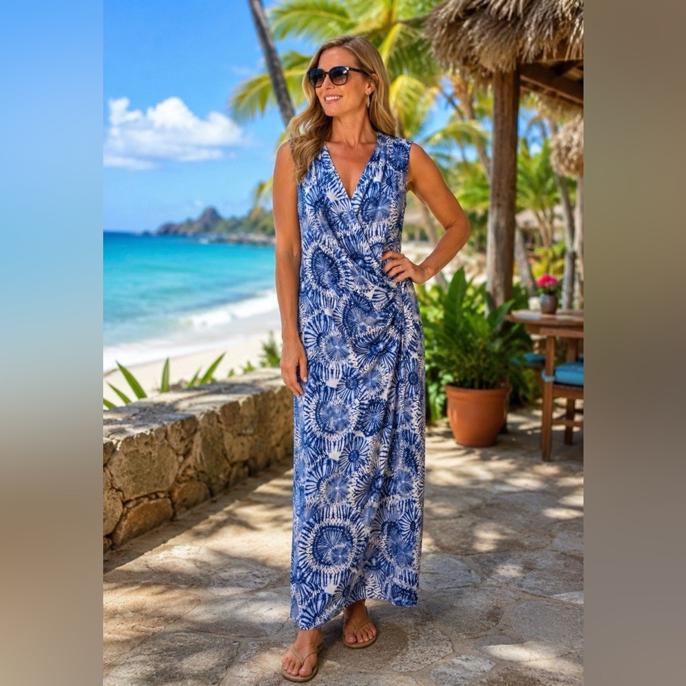 Tommy Bahama blue and white printed faux wrap sleeveless midi dress Large